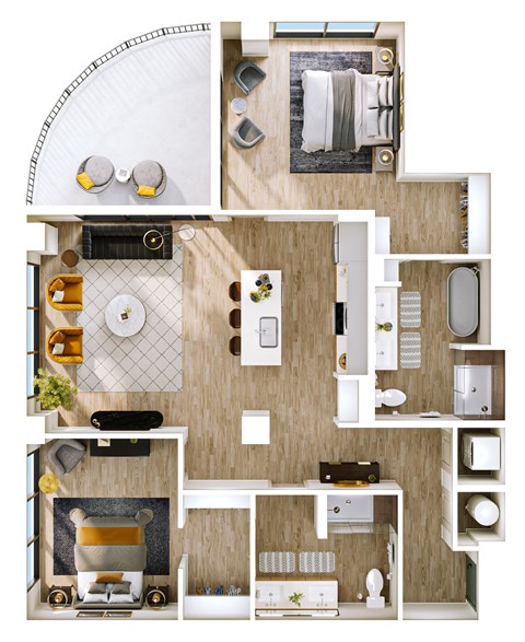 Floor plan for 2 beds, 2 baths, 1270 sqft